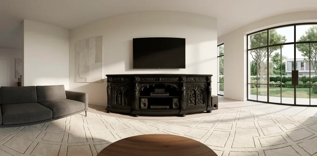 Modern living room featuring a dark Victorian Gothic sideboard and minimalist furniture layout.
