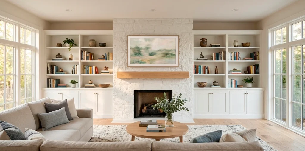 Wide view of a transitional living room with a white stone fireplace and TV mounted above the mantel.