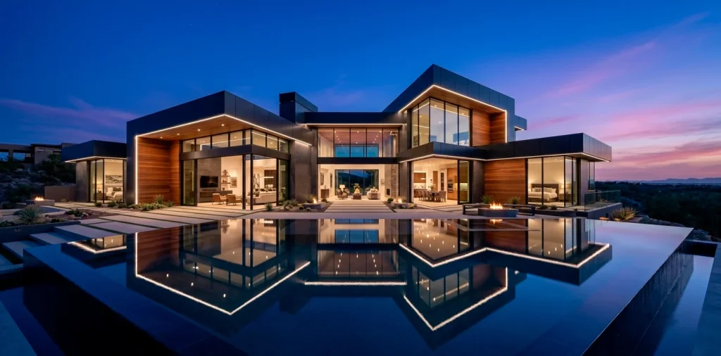 Wide shot of a modern luxury home with sharp geometric lines, dark siding, and architectural lighting.