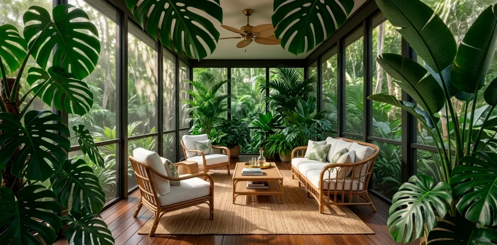 Luxurious screened-in porch filled with vibrant tropical greenery and cozy rattan furniture.