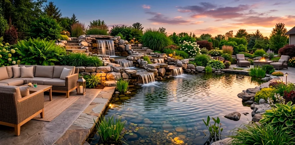 A luxurious tiered stone waterfall flowing into a patio pond surrounded by lush greenery and lighting.