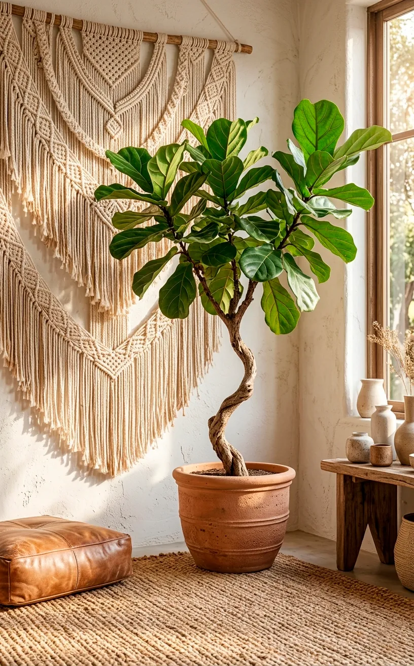 A leaning, organic-shaped Fiddle Leaf Fig tree in a bohemian living room corner.