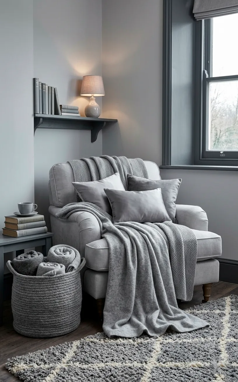 Cozy grey reading nook layered with multiple grey knit blankets and pillows.