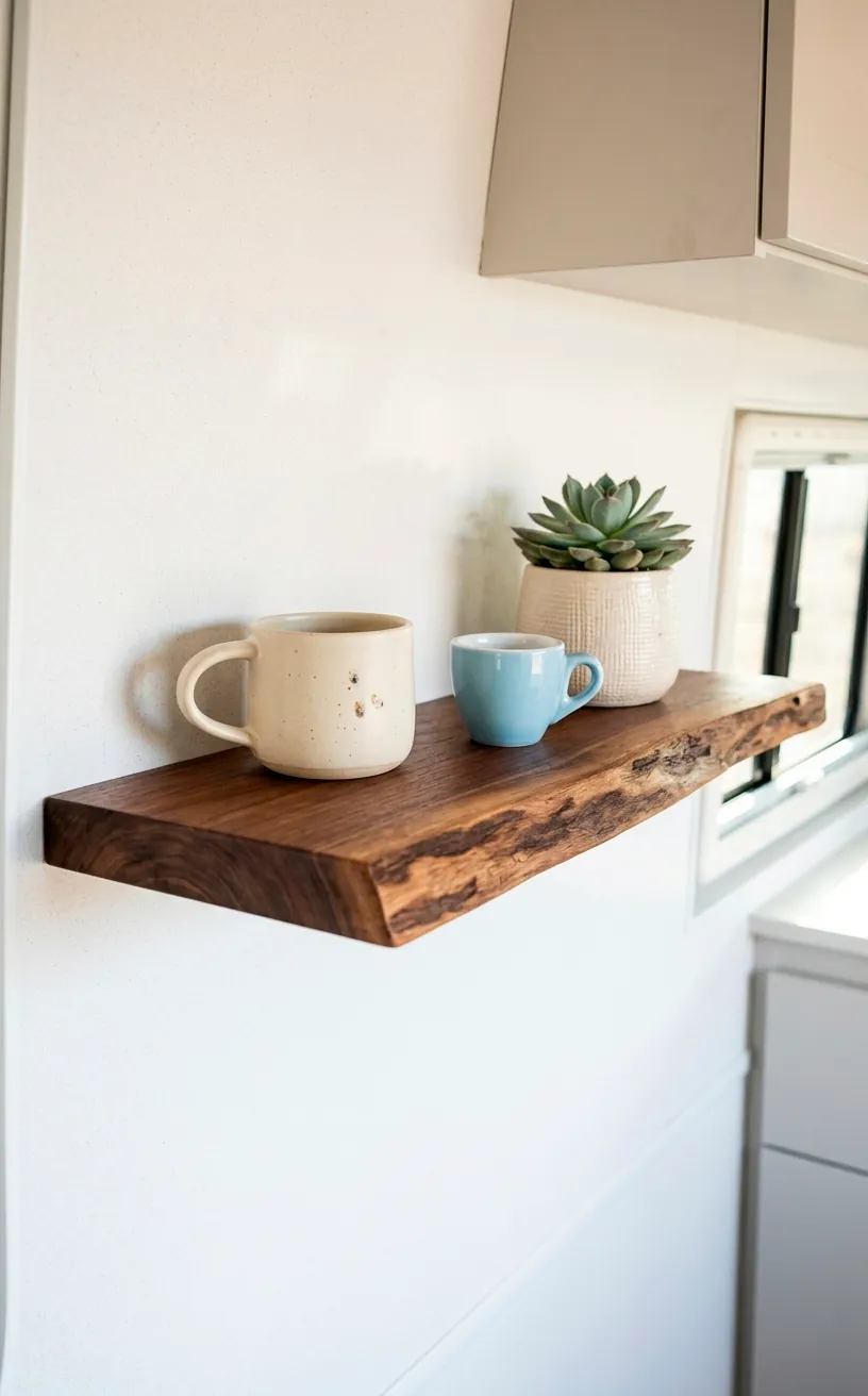 Live-edge walnut floating shelf in a bright and airy camper van.