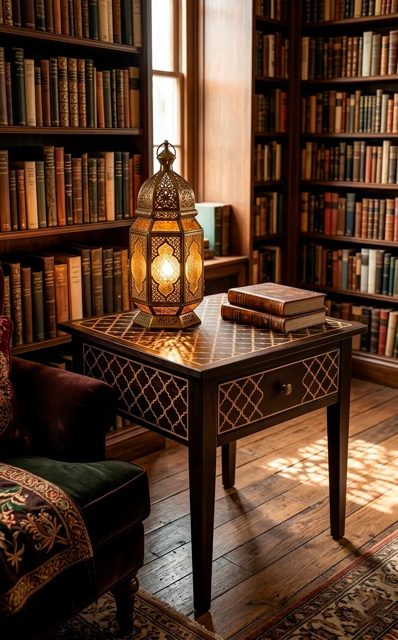 Dark wood side table with a gold Moroccan trellis pattern in a luxurious library setting.