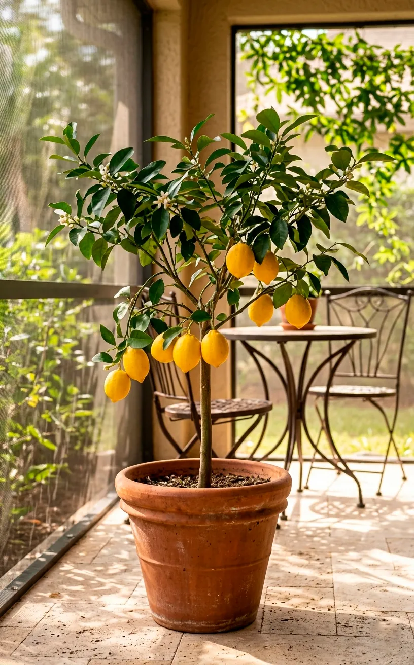 Potted Meyer Lemon tree with fruit on a sunny porch.