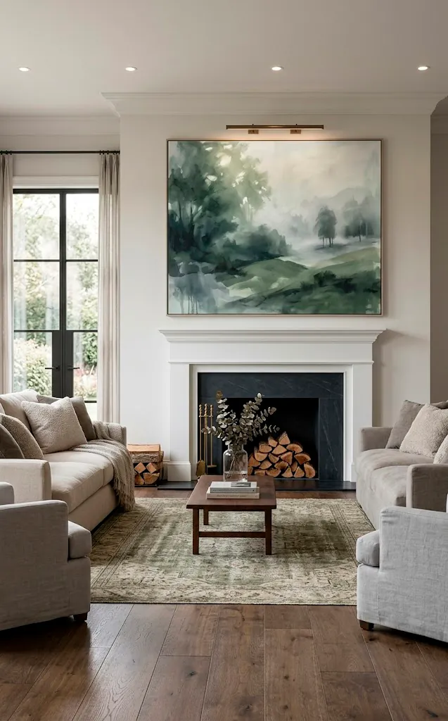Misty green abstract landscape painting hanging above a white fireplace.