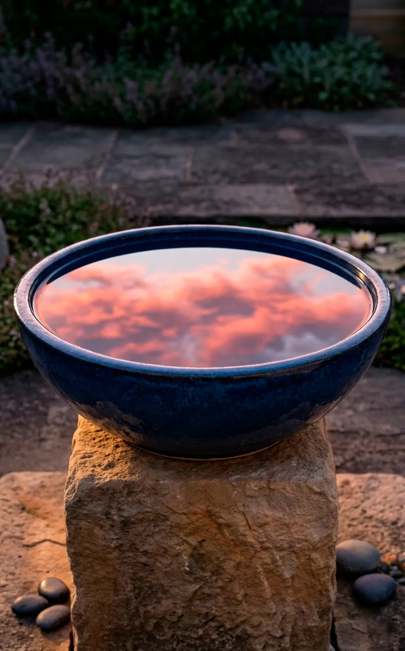 Navy blue ceramic reflecting bowl showing a sunset sky reflection.