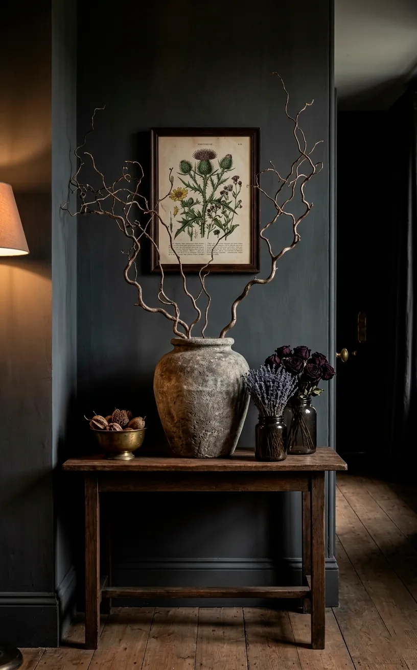Fall console table with dried flowers, bare branches, and botanical wall art.