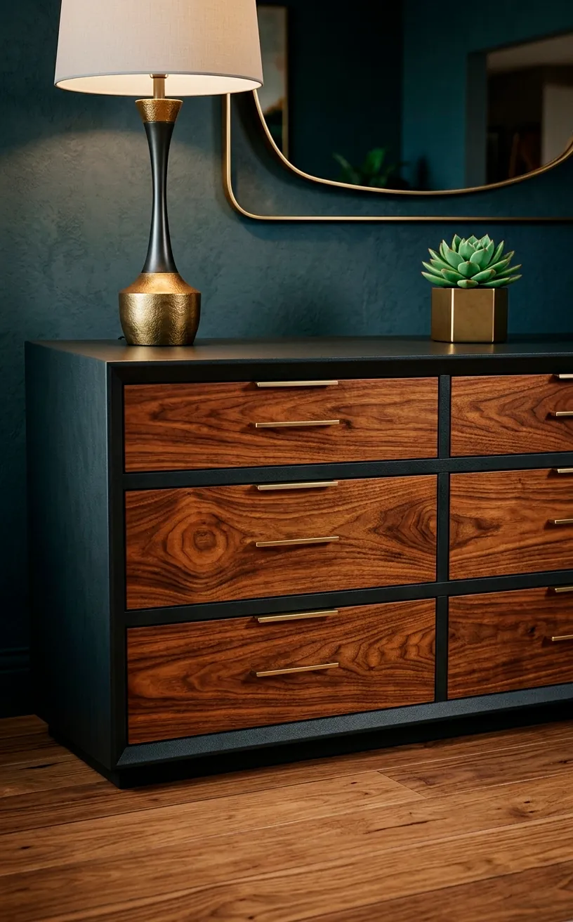 Two-tone mid-century dresser with charcoal painted frame and natural wood drawers.