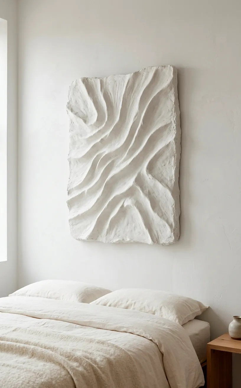 Large sculptural white plaster wall art in a minimalist bedroom creating subtle shadows.