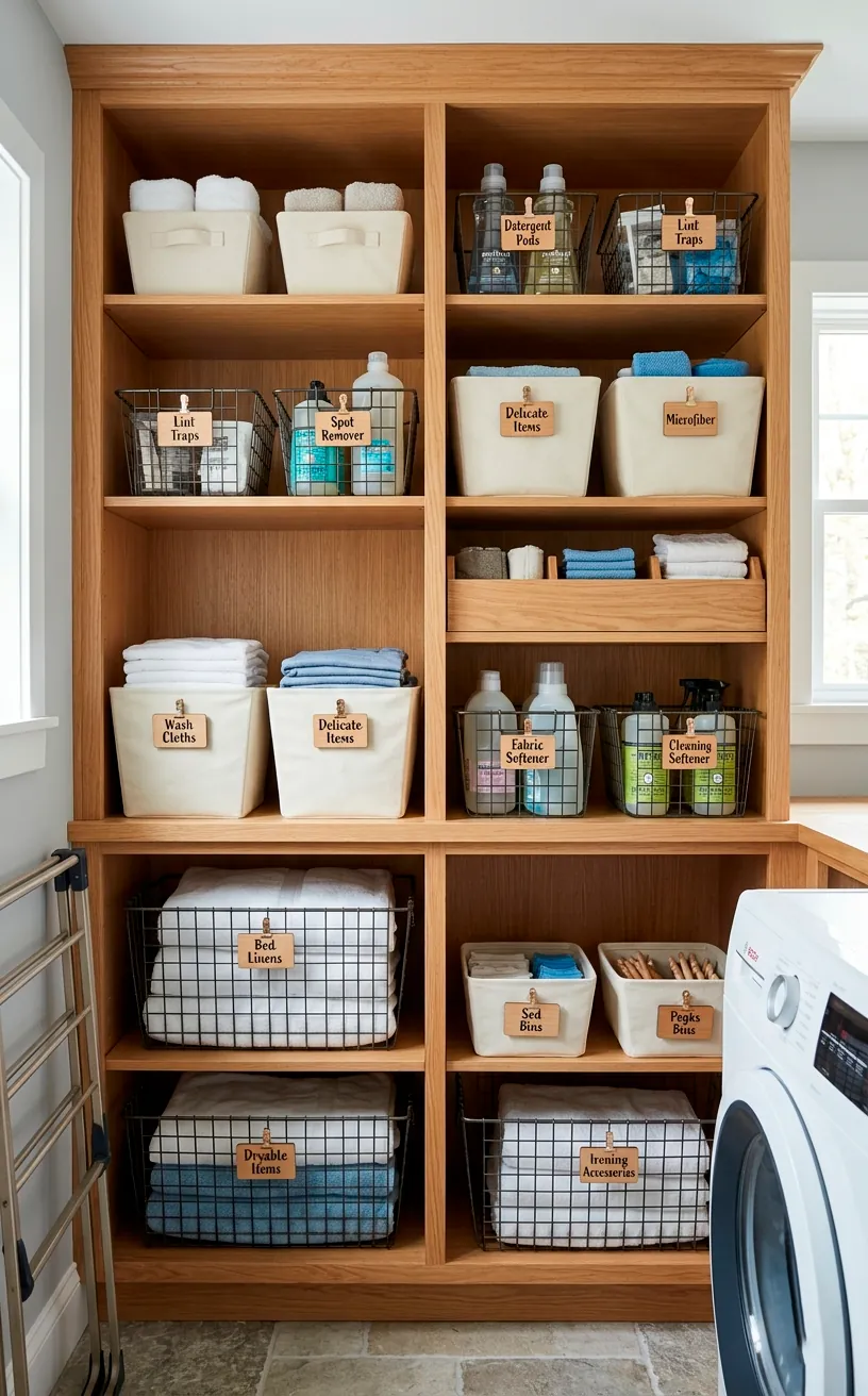 Organized laundry room shelves with wire baskets and labeled canvas bins.