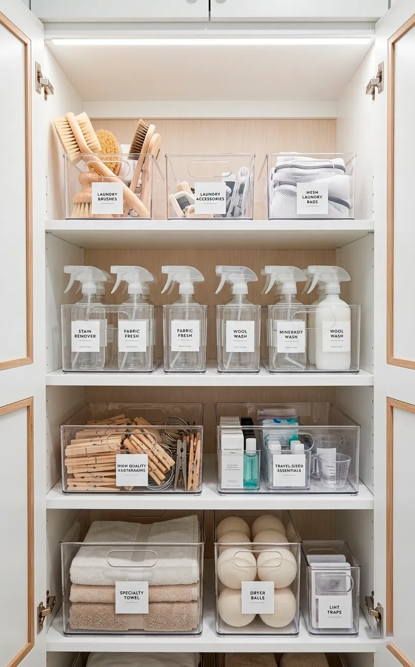 Clear acrylic storage bins organizing supplies inside a white laundry cabinet.