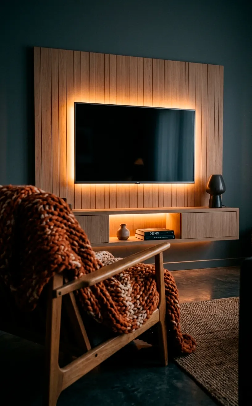 Ambient LED backlighting on a wooden TV wall at night.