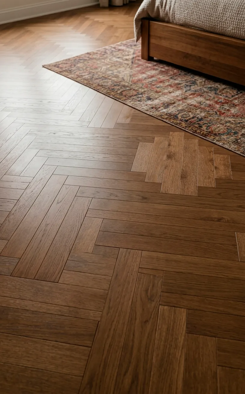 Classic herringbone oak wood floors in an elegant guest room.