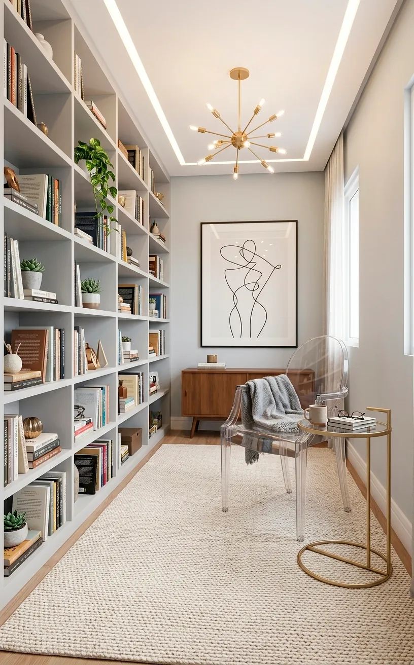 Modern library with an acrylic chair and a gold-legged side table on a large neutral rug.