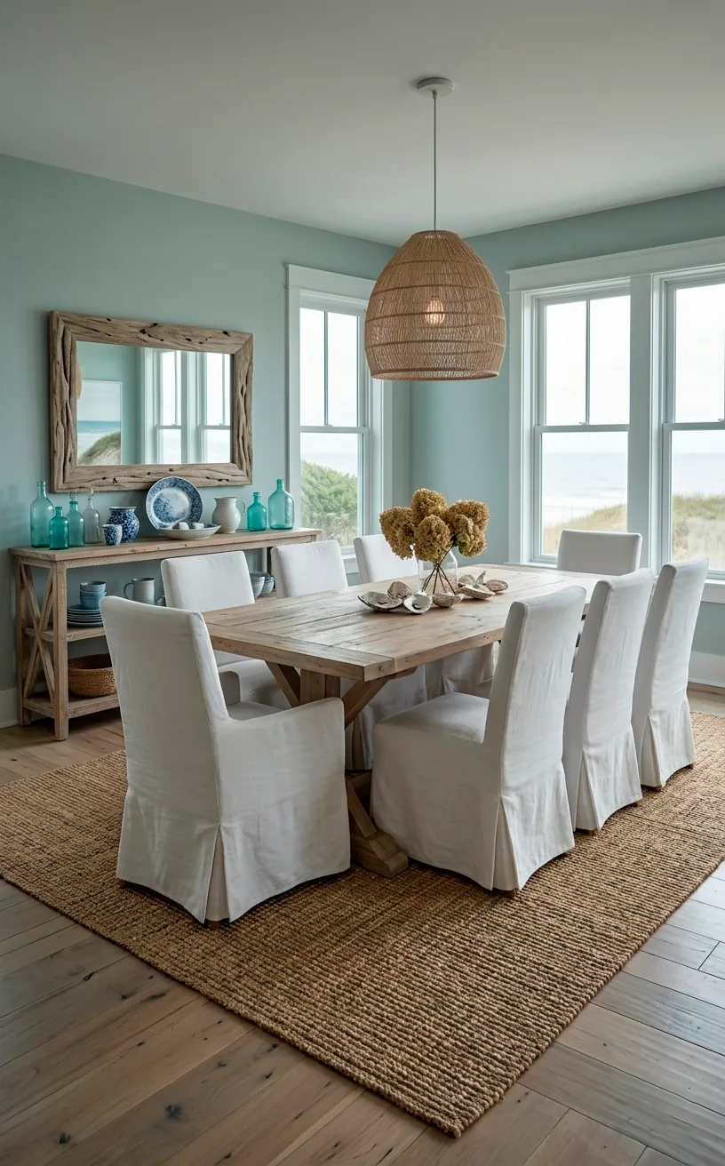 A calm dining room with Sea Salt green-gray walls and driftwood furniture.