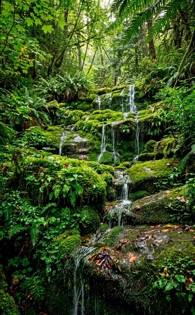 Lush mossy waterfall with ferns and trailing plants in a backyard pond.