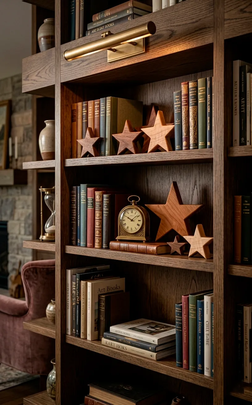 Wooden star decor and brass clock on a styled bookshelf.