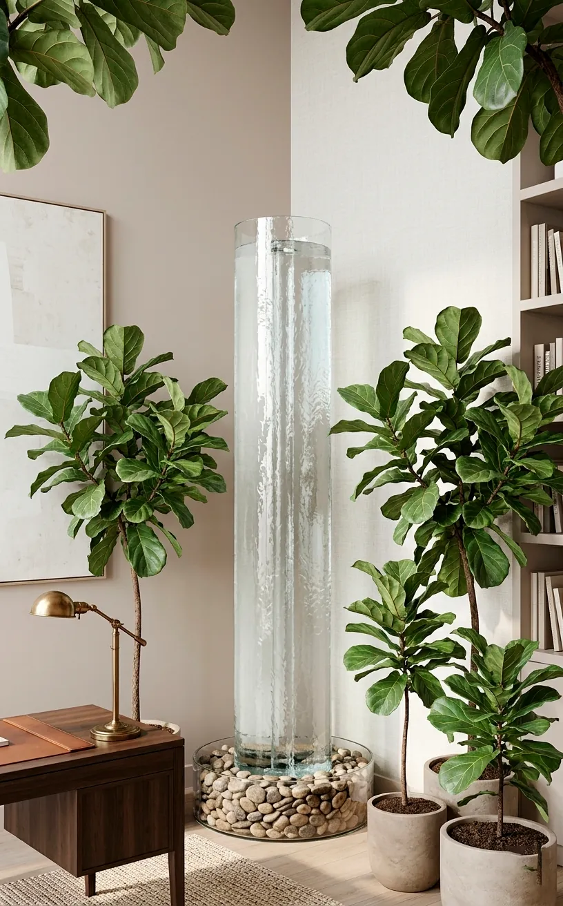 Tall floor-standing glass cylinder water fountain in a bright office corner with plants.