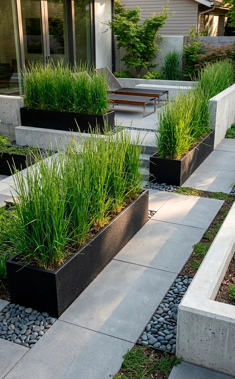 Minimalist backyard with rectangular black planters and tall grasses.