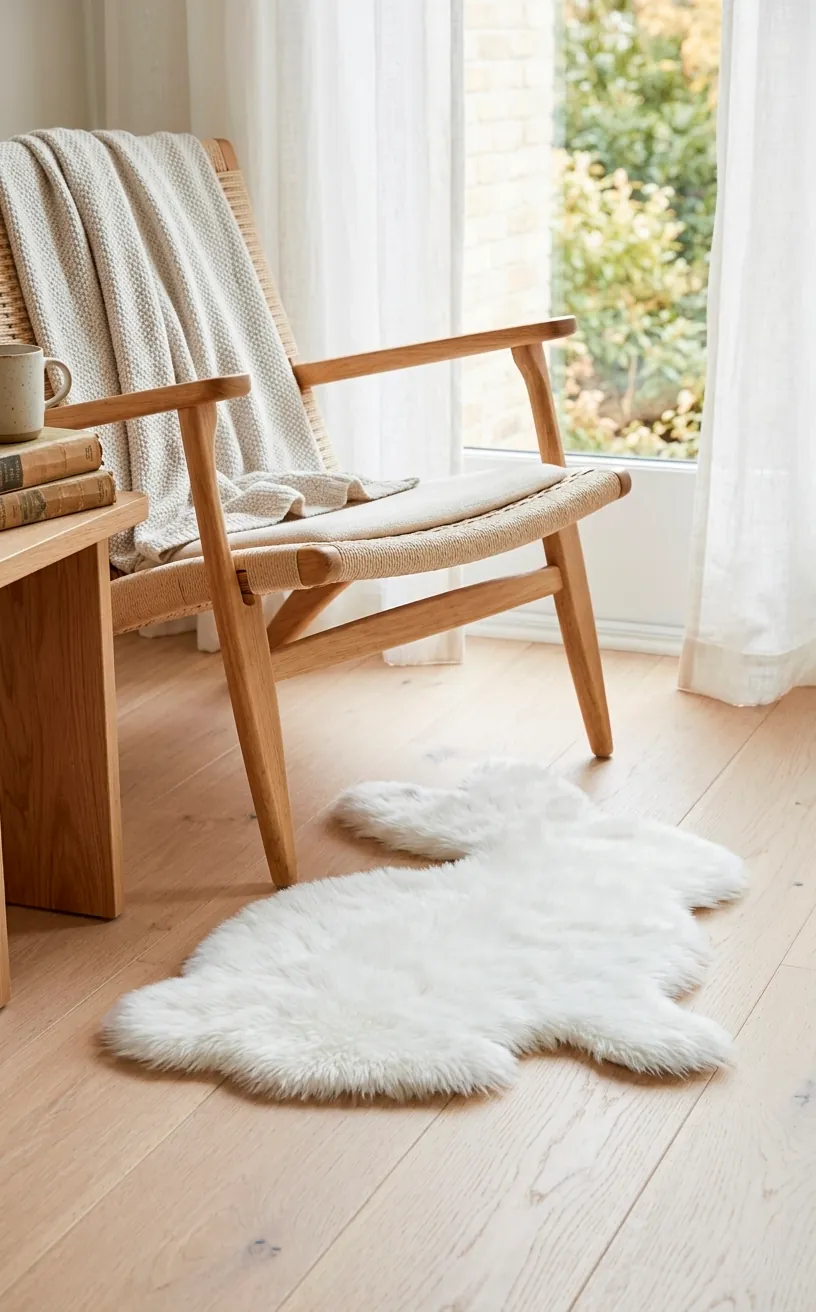 White faux fur bunny-shaped rug on a hardwood floor in a reading nook.