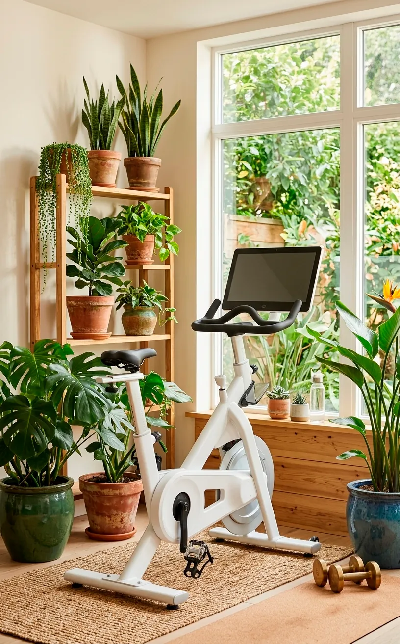 White exercise bike surrounded by indoor plants in vintage ceramic pots.