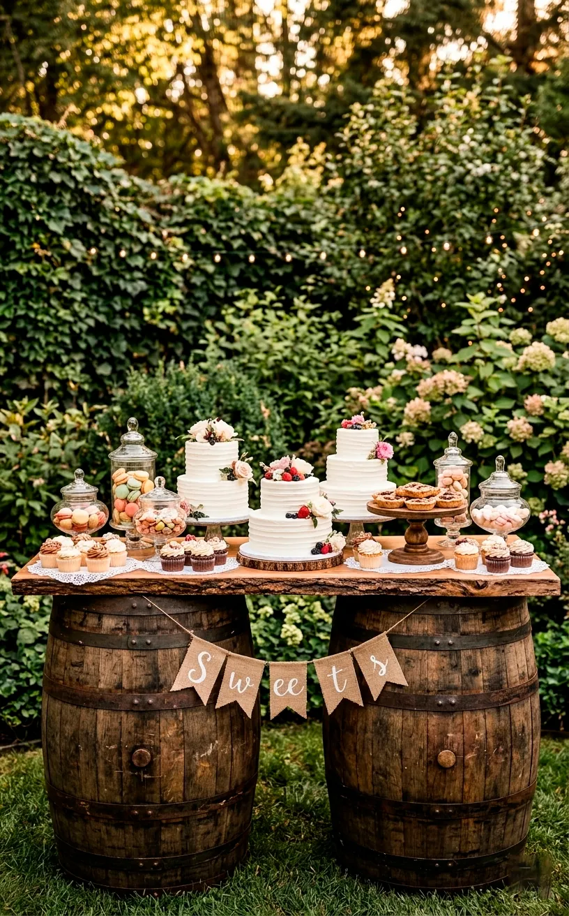 A rustic dessert bar made from whiskey barrels and a wooden plank at an outdoor wedding.
