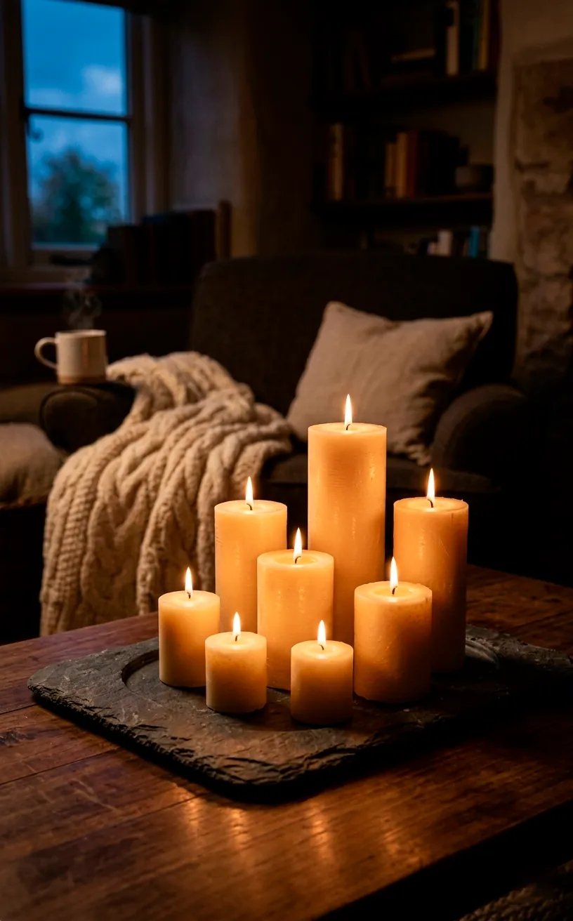 Beeswax pillar candles on a stone tray providing warm holiday lighting.