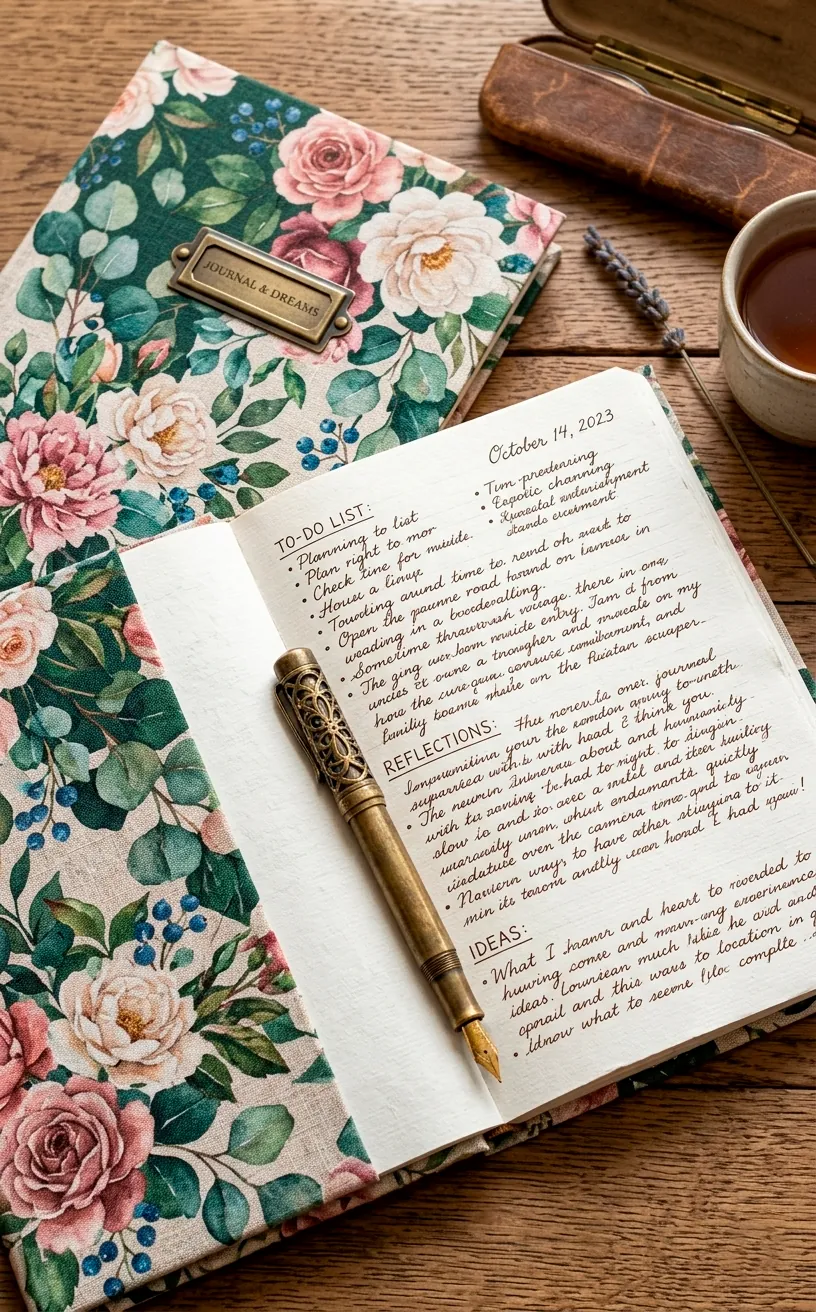 Open floral planner and brass fountain pen on a wooden desk surface.