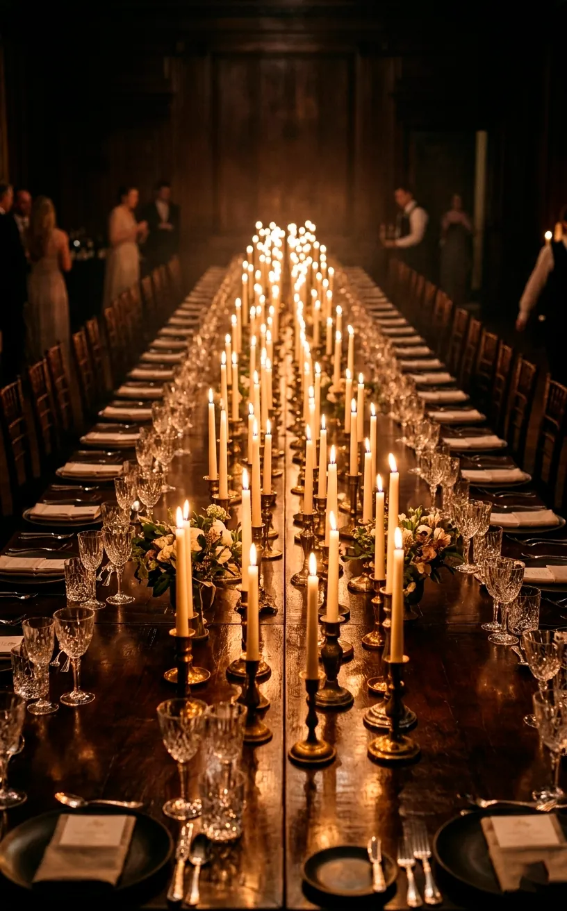 A long wedding table covered in hundreds of flickering candles in brass holders.