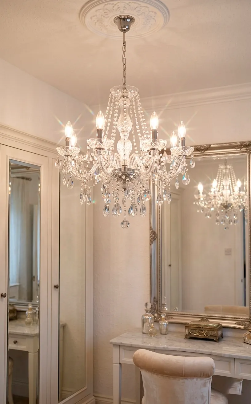 Elegant crystal chandelier in a bright white dressing room reflecting light.
