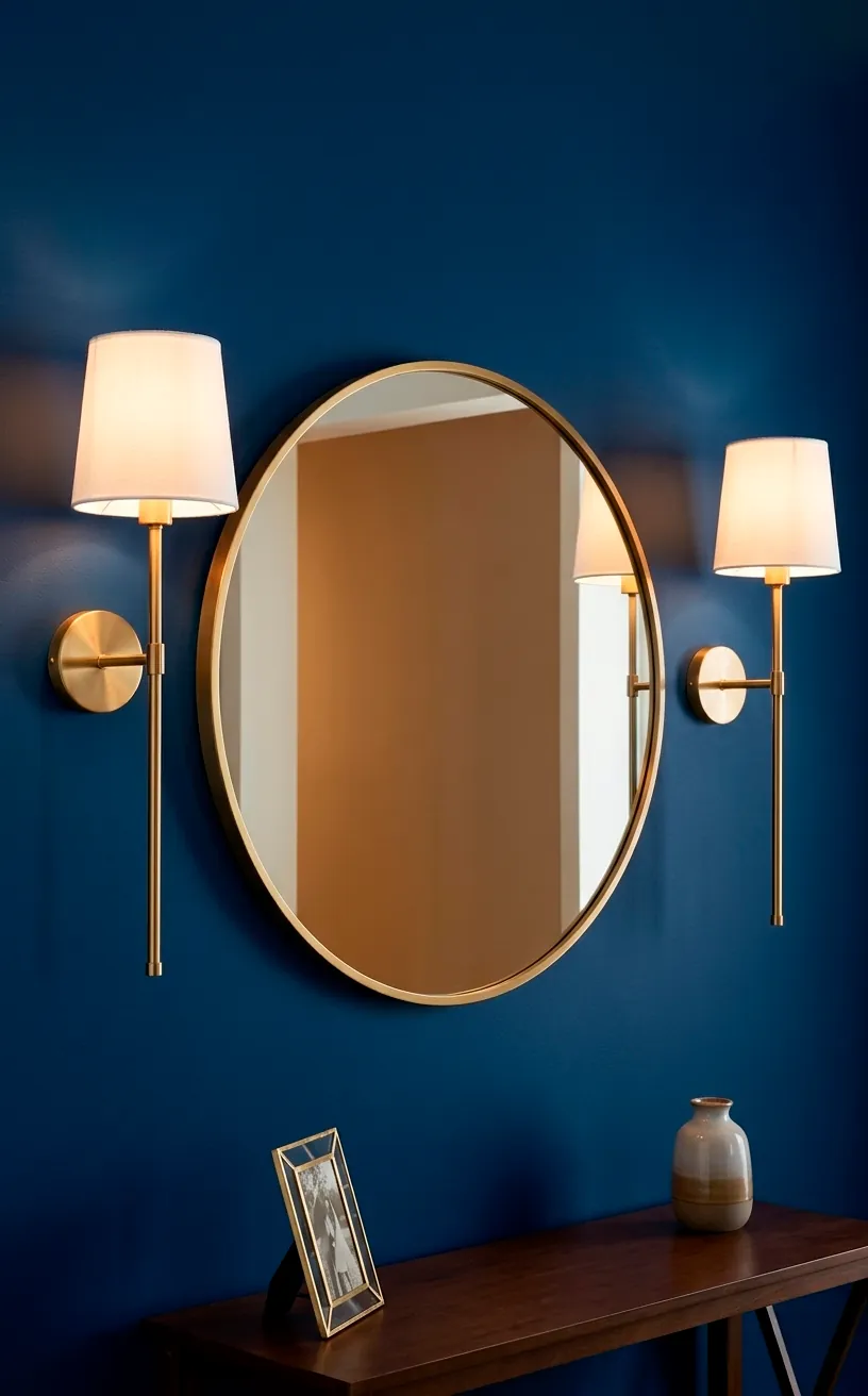 Symmetrical wall sconces flanking a round mirror in a navy blue luxury powder room.
