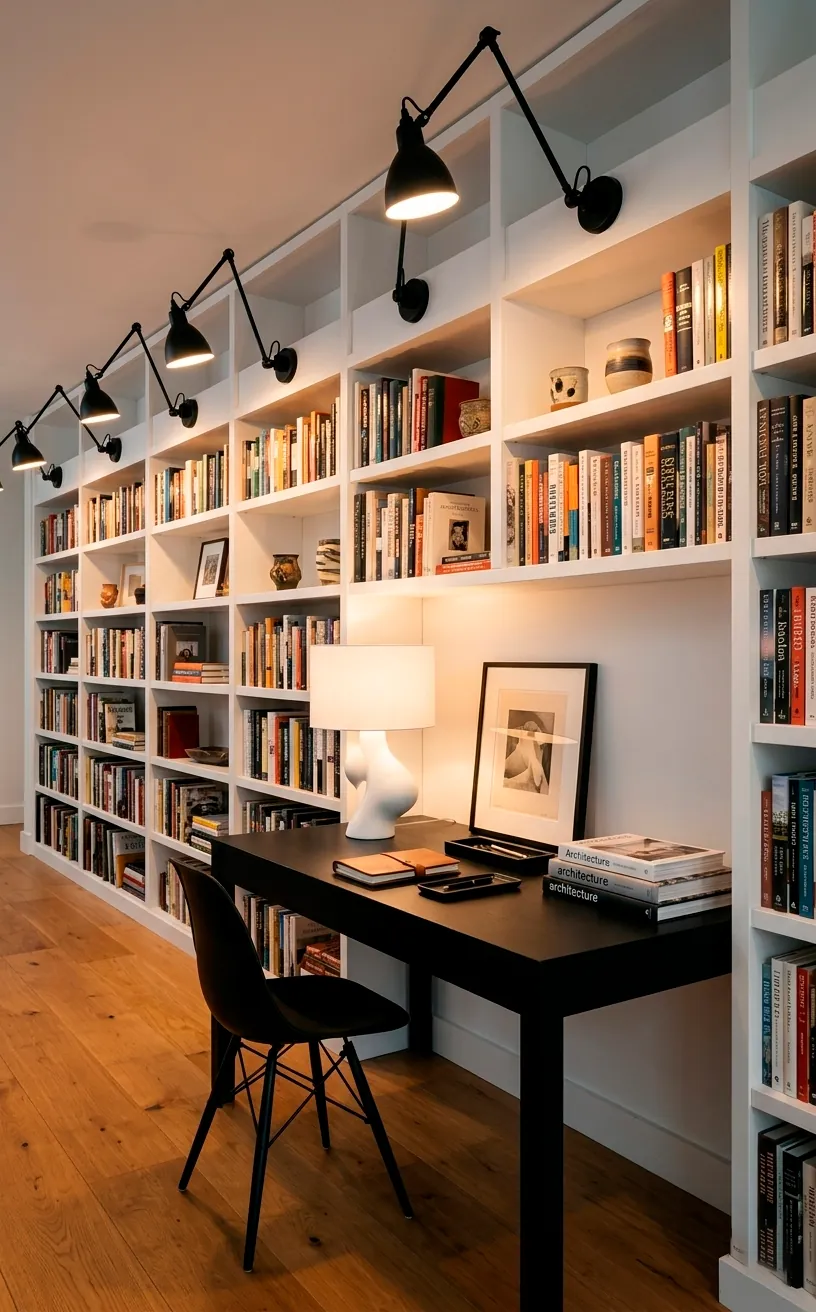 Black swing-arm library lamps mounted over white bookshelves in a modern home.