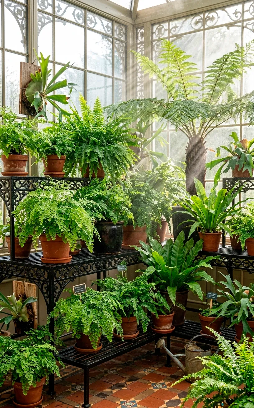 Tiered plant stands with lush green ferns in a bright Victorian conservatory.