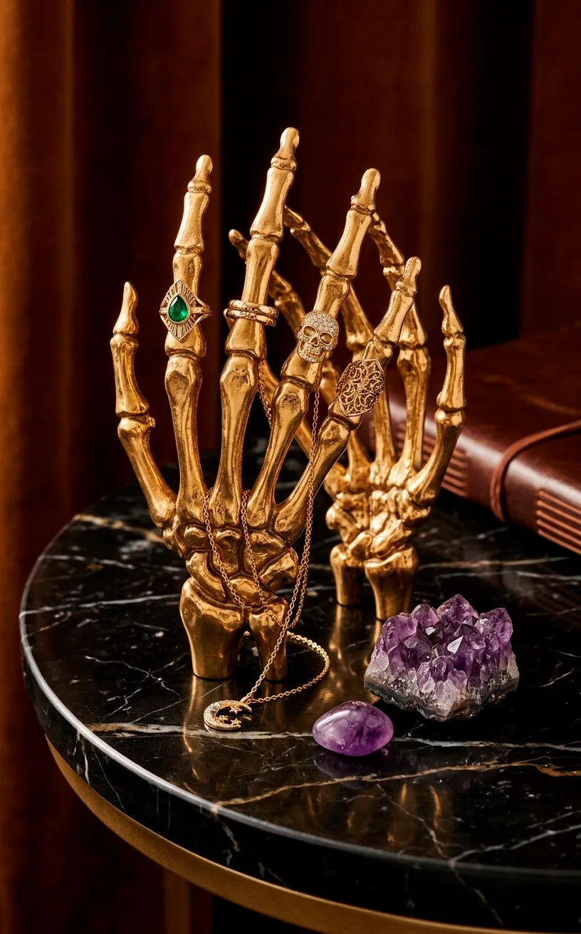 Gold skeleton hand jewelry holder with rings on a black marble surface.