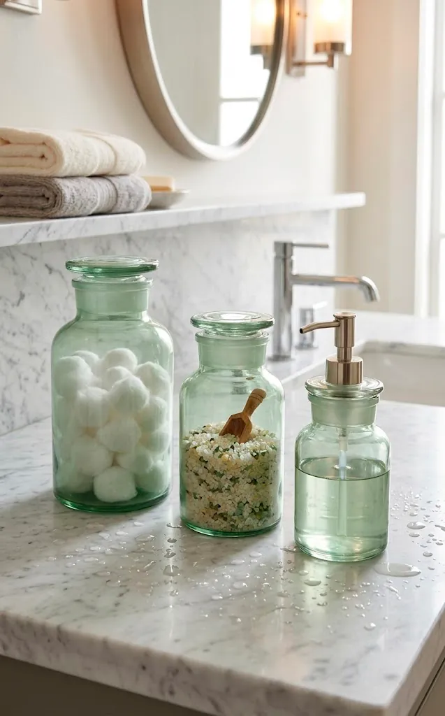 Set of sage green glass apothecary jars for bathroom organization on a marble counter.