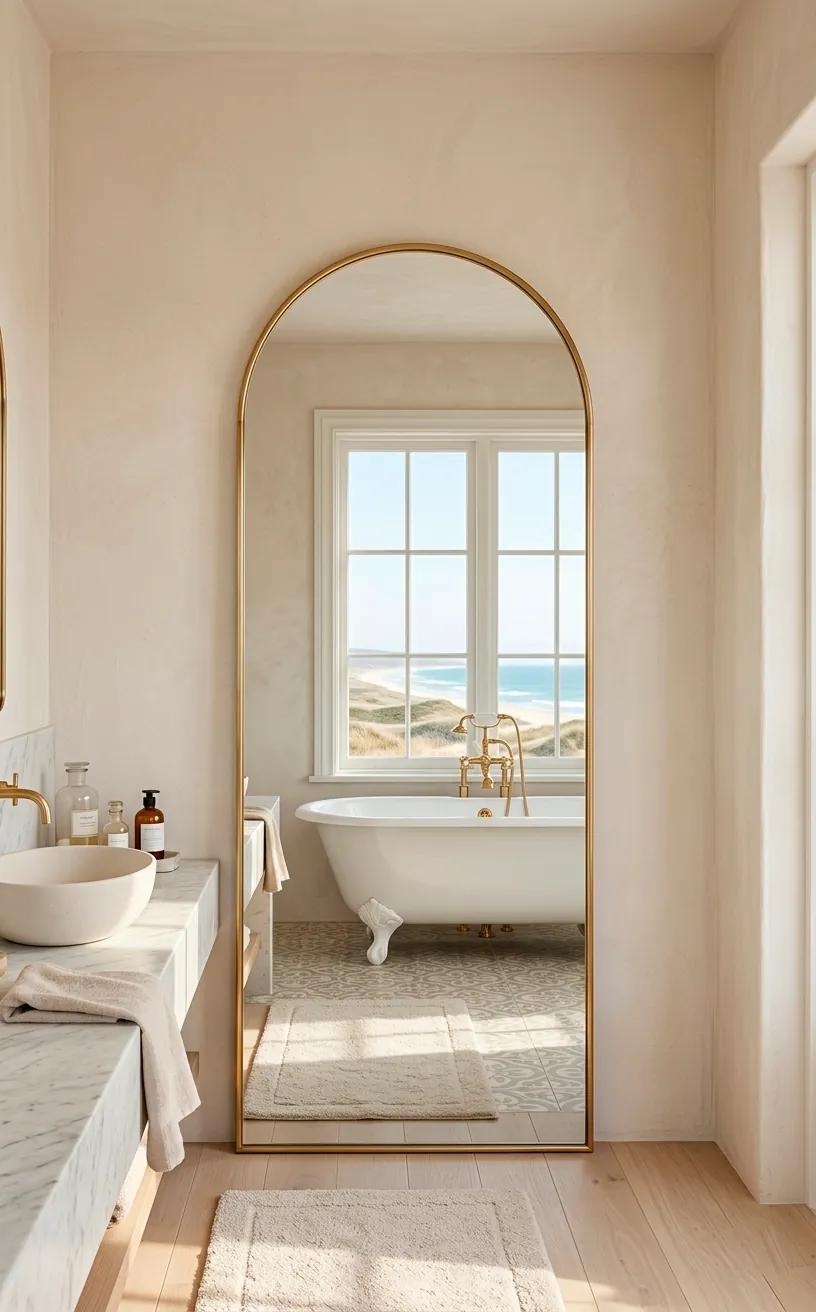 Large arched mirror with gold frame in a bright coastal bathroom.
