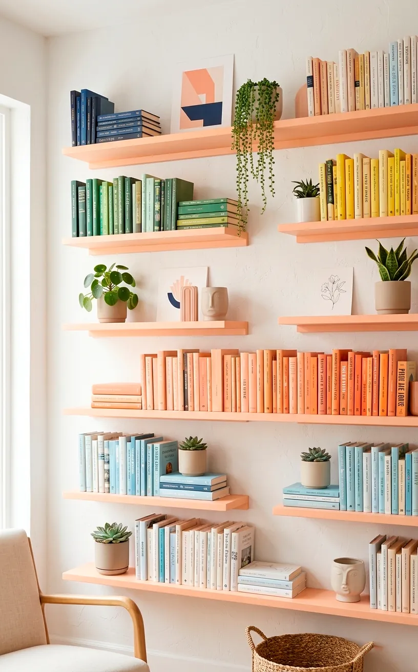 Peach floating shelves on a white wall with color-coded books and small plants.
