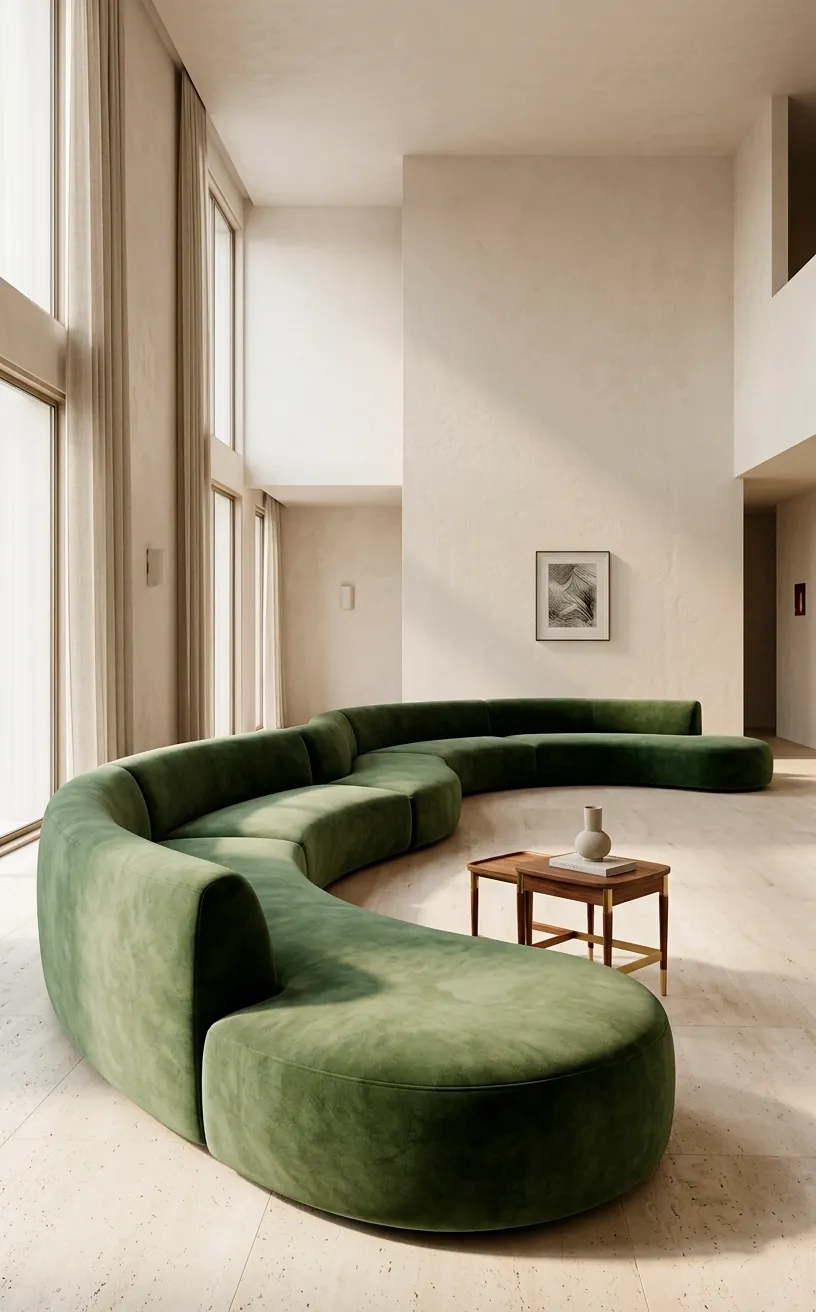 Large sage green curved velvet sofa in an airy minimalist room.