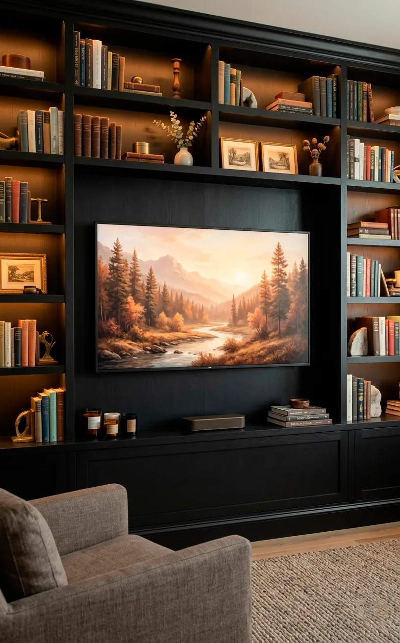 TV recessed into a matte black frame appearing like a piece of art on the wall.