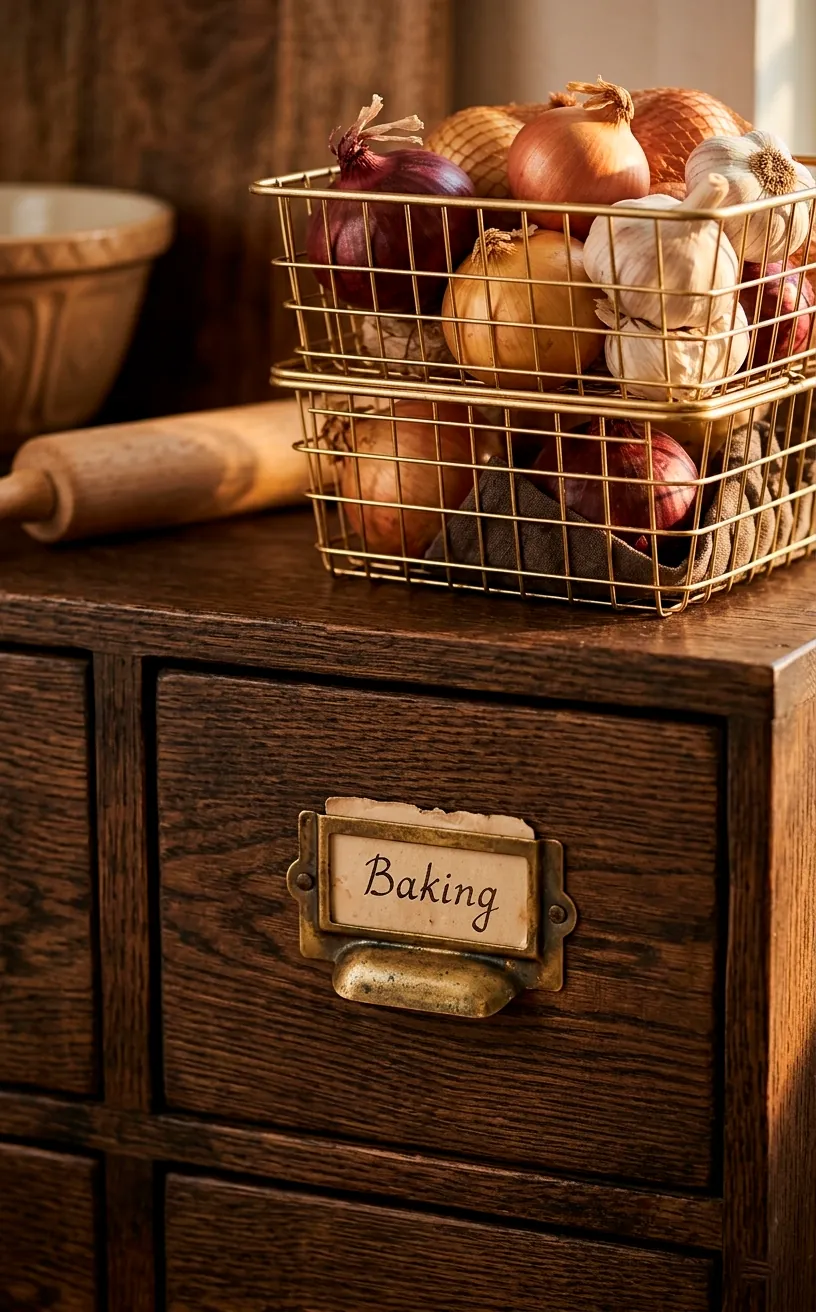 Brass label holder on a pantry drawer with gold wire storage baskets.
