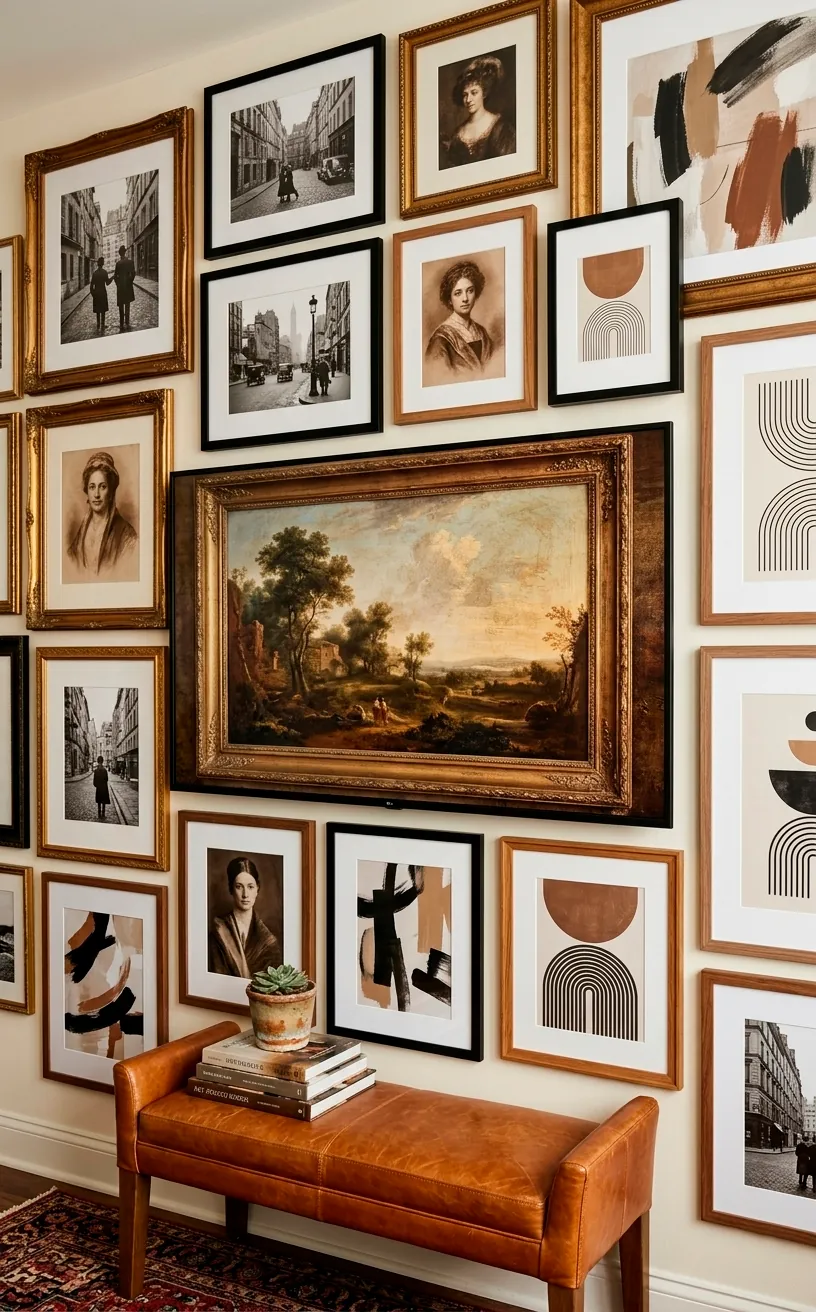 Gallery wall featuring a TV displaying art surrounded by diverse framed prints and photos.