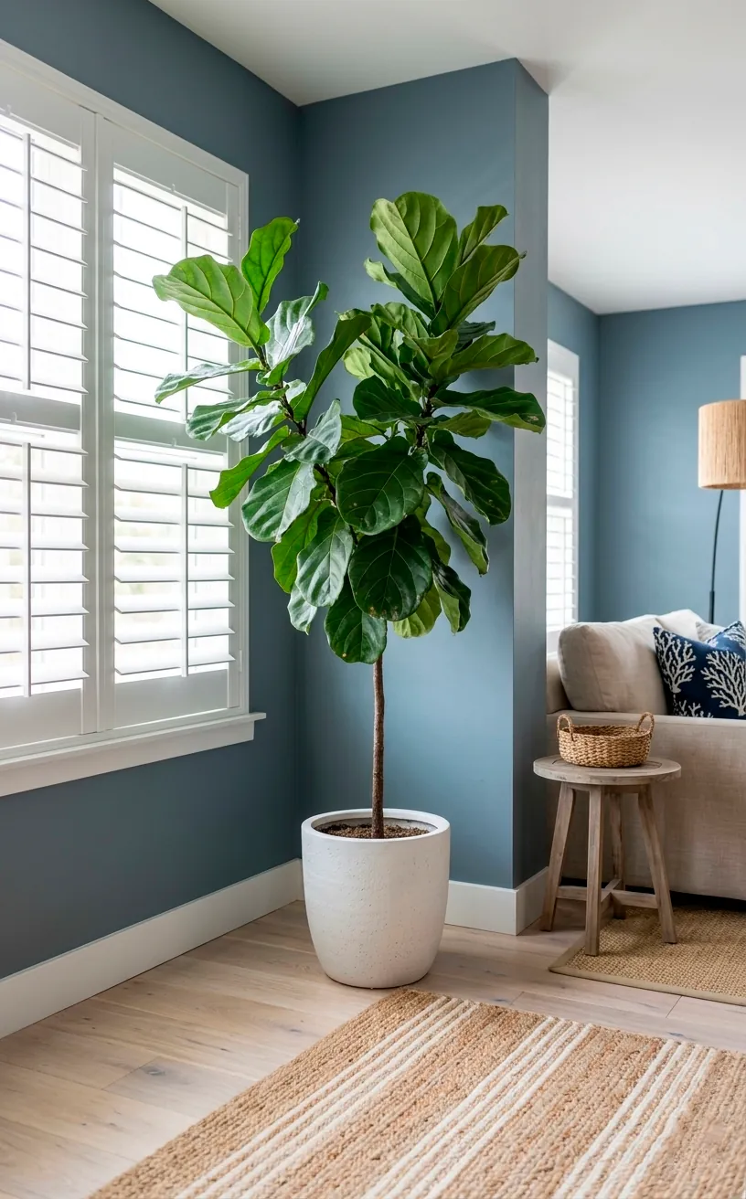 Fiddle leaf fig plant in a bright blue and white living room.