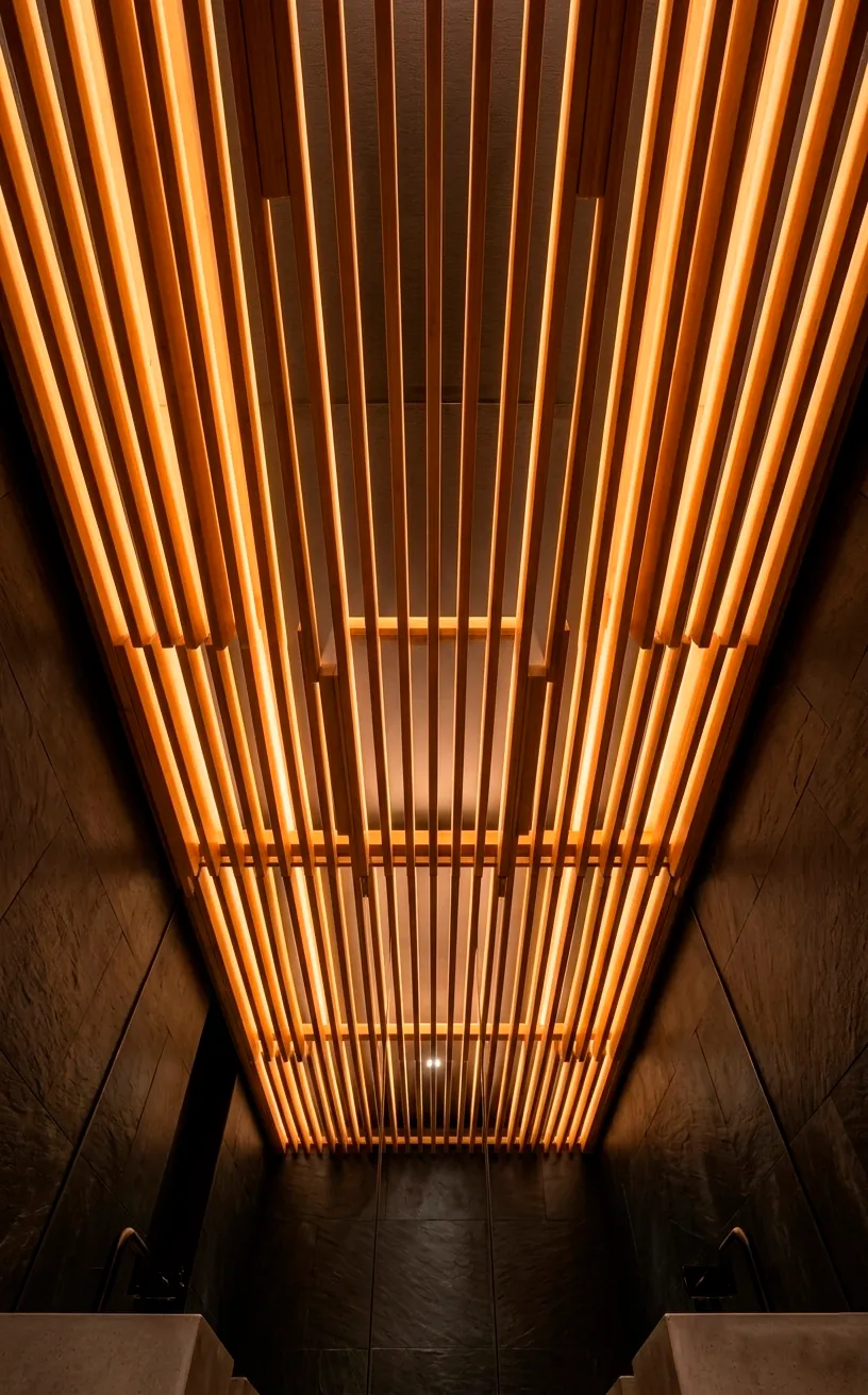 Attic bathroom ceiling covered in warm bamboo slats with integrated soft LED strip lighting.