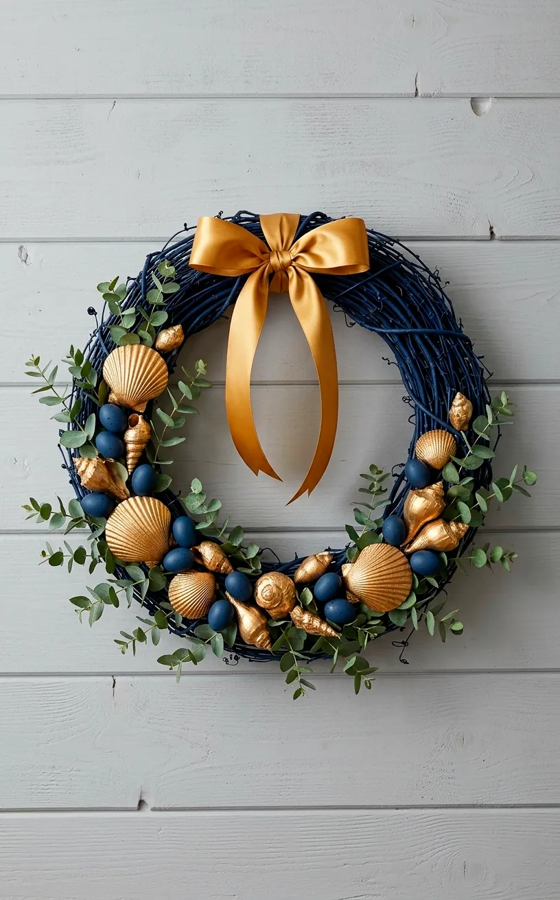 Navy grapevine wreath with gold shells and eucalyptus on a shiplap wall.