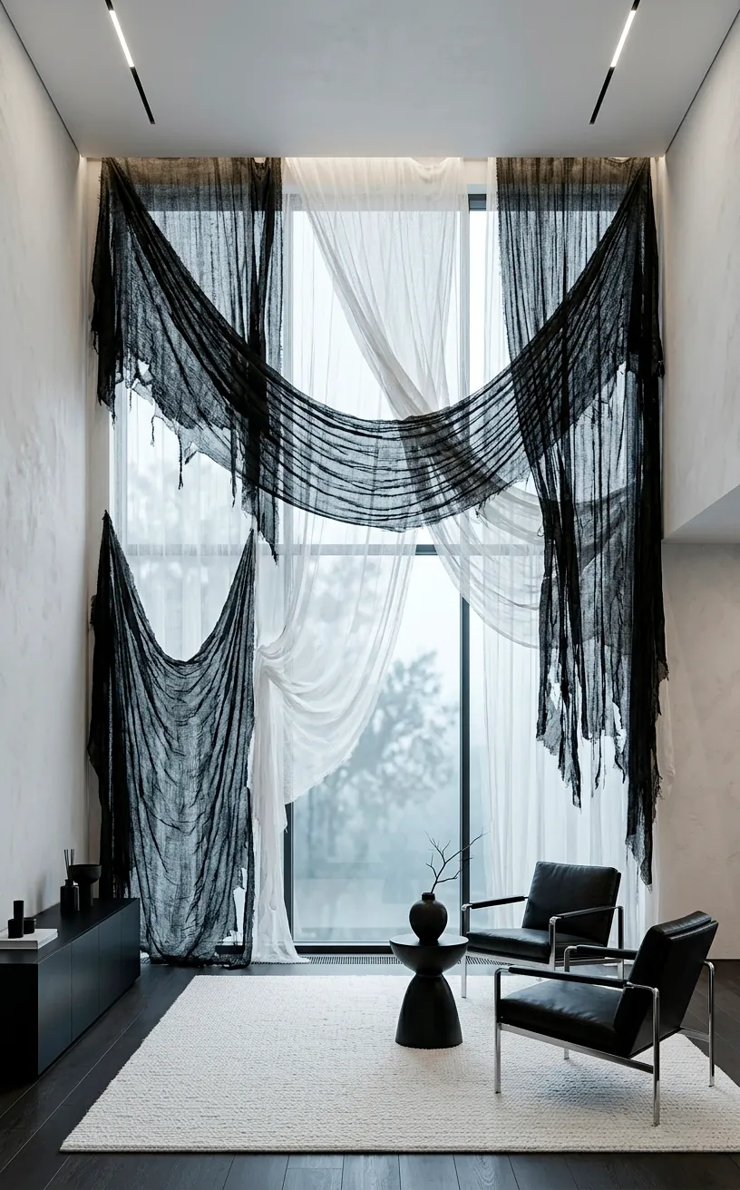Minimalist window draped with black cheesecloth and white gauze for a spooky aesthetic
