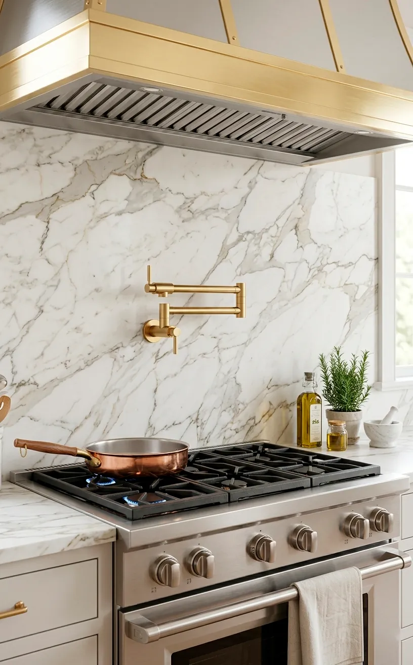 Sleek brass pot filler mounted on a marble backsplash above a professional gas range.