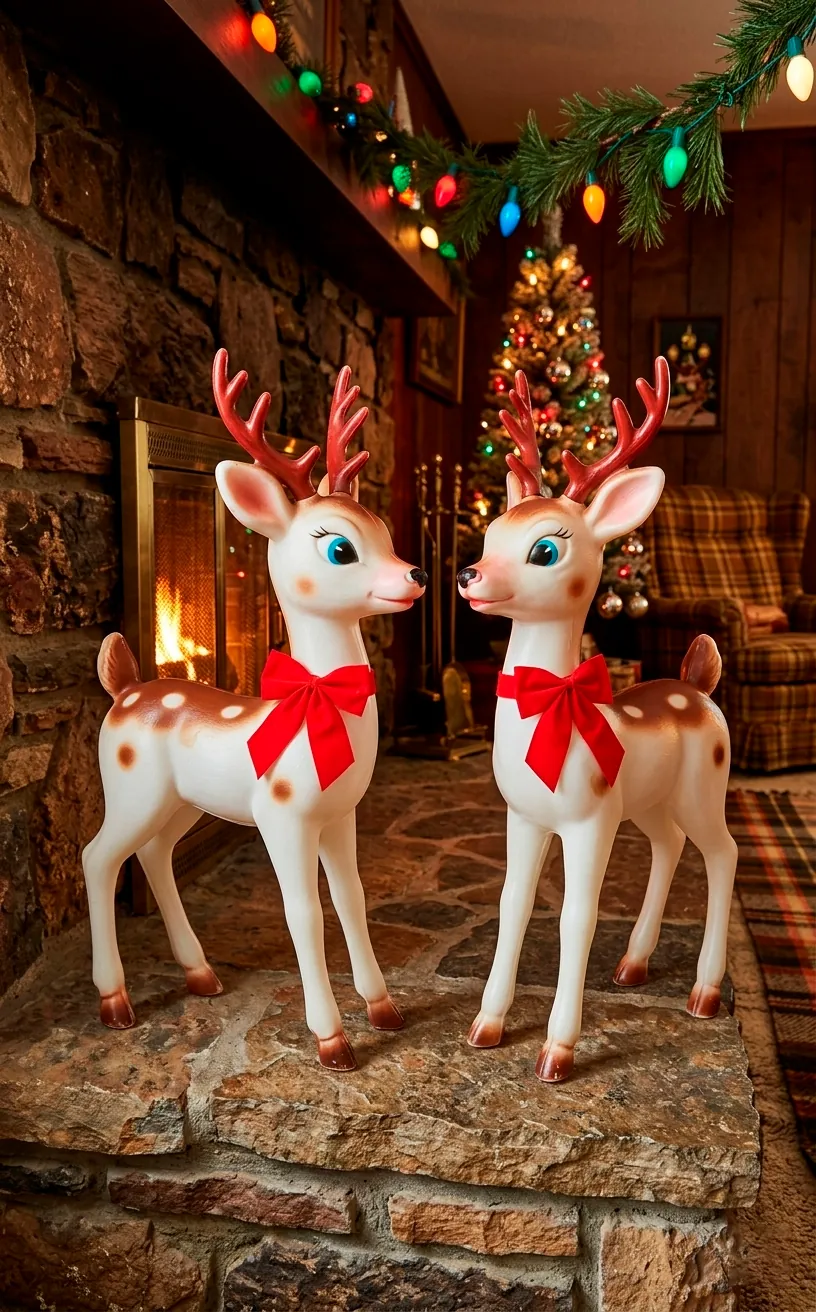 Two vintage plastic blow mold reindeer figurines on a stone fireplace hearth.
