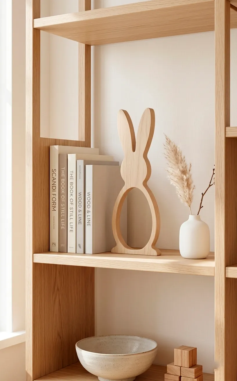 Minimalist wooden bunny silhouette on a modern white oak shelf with books and a vase.